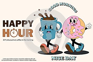 Funky groovy cartoon character Coffee Happy Hour banner. Vintage funny mascot patch psychedelic smile