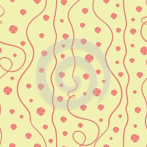 Funky hand-drawn coral circles and doodle lines seamless vector pattern on bright yellow background. Great for wellness