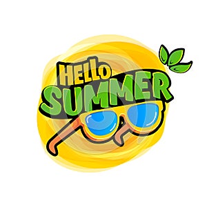 Funky Hello summer vector logo with text and vintage retro yellow sunglasses isolated on background. Hello summer label
