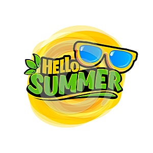 Funky Hello summer vector logo with text and vintage retro yellow sunglasses isolated on background. Hello summer label
