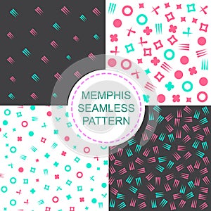 Funky memphis seamless vector patterns. 80s and 90s school fashion black and white texture backgrounds with simple