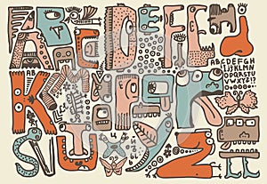 Funky monsters doodle retro alphabet