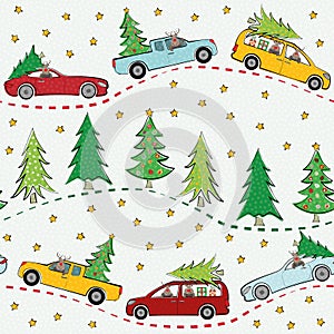 Funky multicolor winter landscape with cartoon reindeer, cars, Christmas trees and stars. Seamless vector pattern on