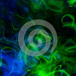 Funky neon green and blue smoke swirls on black background