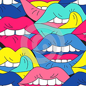Funky open mouth with teeth, sensual lips, positive emotions seamless pattern