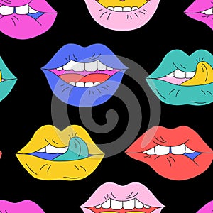 Funky open mouth with teeth, sensual lips, positive emotions seamless pattern