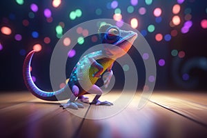 Funky Photorealistic Cartoon Chameleon Grooving with Colorful Lights in the Background