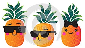 Funky cartoon pineapples with groovy leaves photo