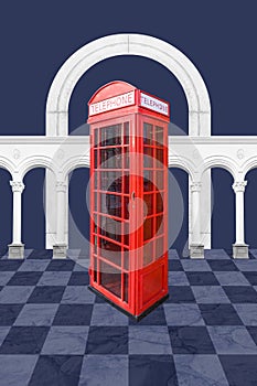 Funky pop art collage with red phone booth and classic architecture detail. Contemporary cityscape wallpaper art in