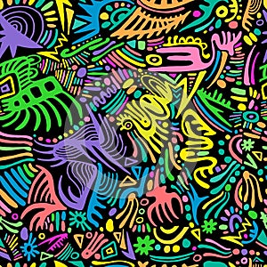 Funky psychedelic seamless pattern with amazing rainbow doodles style ornaments. Bizarre simples bright background. photo