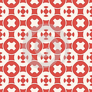 Funky red and white geometric seamless pattern with crosses, circles, squares, mesh, grid, repeat tiles.