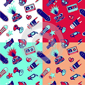 Funky seamless pattern with teenagers culture elements. Teens fashion, bright vector texture.