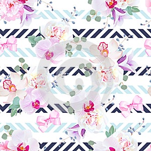 Funky seamless vector pattern in purple, pink and white tones.