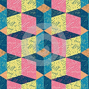 Funky textured rectangle block design in blue, pink, orange and yellow. Seamless isometric vector pattern with 3d effect