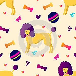 Funky yellow poodle dog seamless vector kids pattern