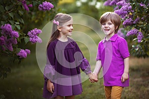 Funne twins boy and girl in spring garden