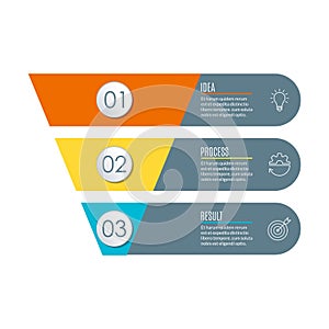 Funnel with 3 steps. Business infographic template with cone or pipeline. Marketing and sales concept. Vector illustration