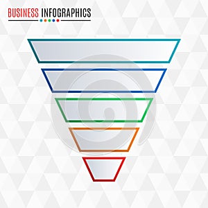 Funnel or cone symbol. Business pyramid with 5 steps, options or levels. Marketing and sales infograph layout. Vector illustration