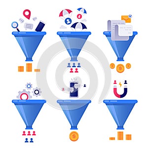 Funnel generation sales. Business lead generations, mail sorter funnels and pipeline sale optimisation vector concept illustration