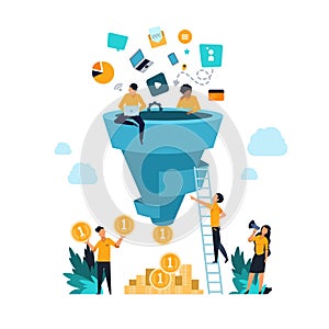 Funnel leads generation. Attracting followers strategy concept with cartoon people and inbound marketing. Vector