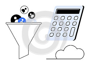 Data filtering through funnel with calculator and cloud concept visualization