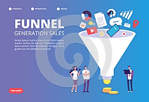 Funnel sale generation. Digital marketing funnel lead generations with buyers. Strategy, conversion rate optimization