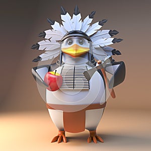 Funny 3d cartoon native American Indian chieftain in feathered headdress chopping an apple with an axe, 3d illustration