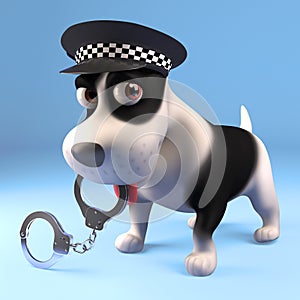 Funny 3d cartoon puppy dog dressed as a police man holding pair of handcuffs in his mouth, 3d illustration