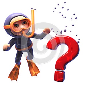 Funny 3d cartoon snorkel scuba diver looking at a question mark sink in the ocean, 3d illustration