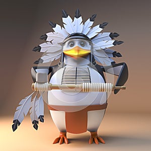 Funny 3d native American Indian penguin chieftain in traditional feathered headdress holding a peace pipe, 3d illustration