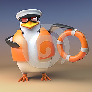 Funny 3d penguin sailor captain comes to the rescue with his buouyancy life ring, 3d illustration