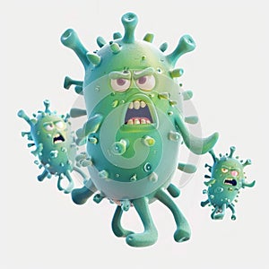 Funny 3D rendering of a mean green virus character on white background 3D rendering