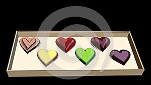 Funny 3D Valentine`s Day animation. Box of chocolates in the form of hearts and the inscription: I love you.