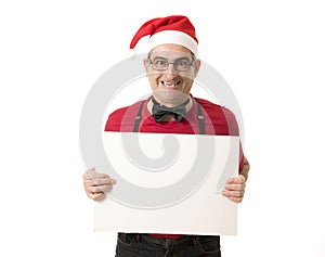 Funny 40s to 50s crazy sales man in Santa Christmas hat with bo