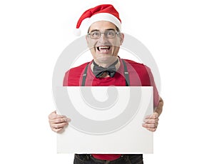 Funny 40s to 50s crazy sales man in Santa Christmas hat with bo