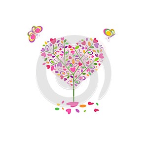 Funny abstract colorful tree in heart shape for Valentine’s day, wedding, birthday greeting card and invitations