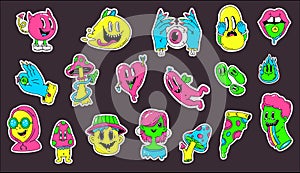 Funny acid surreality cute stickers. Hipster patches with crazy retro characters. Groovy design 70s 80s, neon