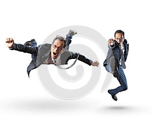 Funny acting emotion of business man on white background photo