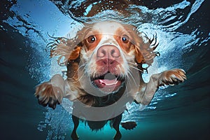 Funny active dog jumps into water underwater