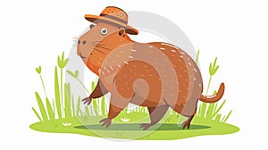 Funny adorable capibara walking in nature. An adorable rodent with hat enjoying summer holidays. Kids flat modern