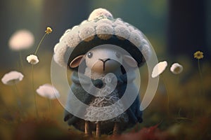 Funny and Adorable Woolen Sheep Dressed as a Mushroom in an Enchanting Fairytale Forest