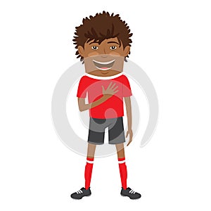 Funny African American soccer football player wearing red t-shirt standing singing hymn with hand on his heart and smiling