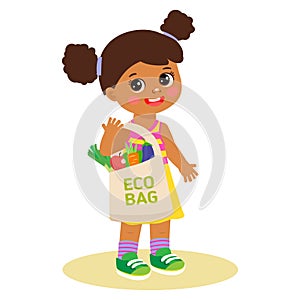 Funny afro american little girl with reusable cotton bag vector illustration.