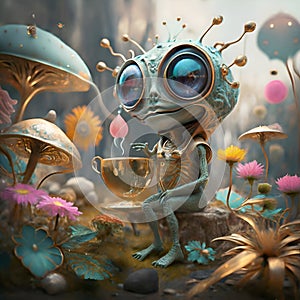 funny alien with huge eyes in golden dress drinking a tea around blossom flowers. close up. Ai generated