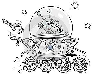 Funny alien piloting a lunar rover