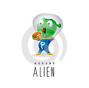 Funny alien trying to eat earthy sandwich, funny character for company