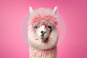 funny alpaca on pink background, AI Generated