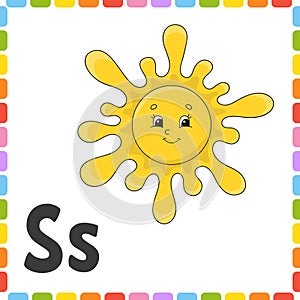 Funny alphabet. Letter S - sun. ABC square flash cards. Cartoon character isolated on white background. For kids education.