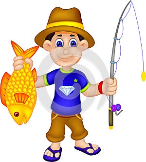 Funny angler cartoon bring fish and fishing equipment