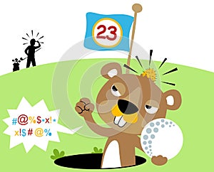 Funny angry mole in golf hole, vector cartoon illustration